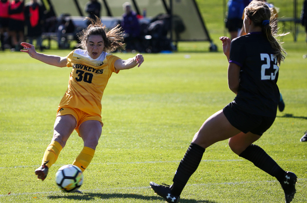 Iowa Hawkeyes forward Devin Burns (30) dribbles the ball during a game against Northwestern at the Iowa Soccer Complex on October 21, 2018. (Tork Mason/hawkeyesports.com)