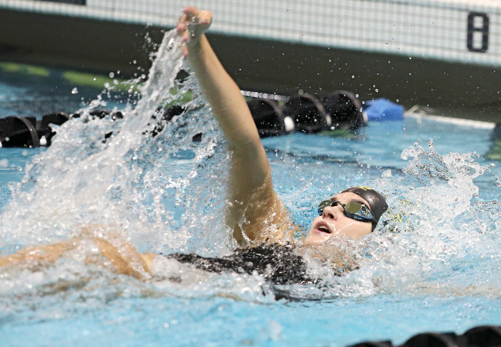 Iowa’s Helena Blumenau swims the backstroke section of the 100-yard individual medley event during their meet against Michigan State at the Campus Recreation and Wellness Center in Iowa City on Thursday, Oct 3, 2019. (Stephen Mally/hawkeyesports.com)