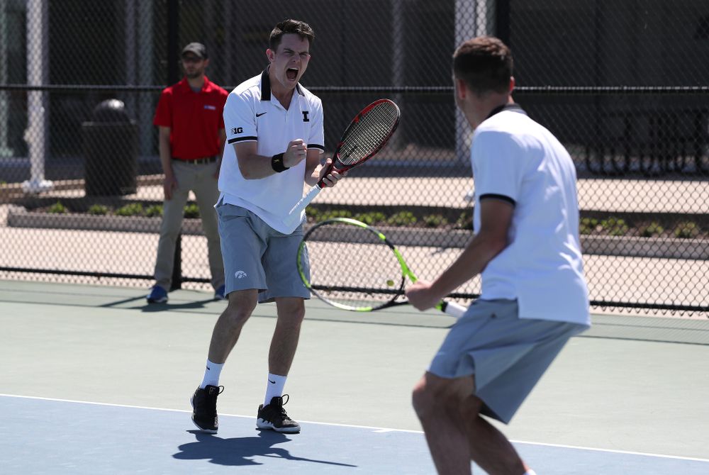 IowaÕs Kareem Allaf and Jonas Larsen play a doubles match against the Michigan Wolverines Sunday, April 21, 2019 at the Hawkeye Tennis and Recreation Complex. (Brian Ray/hawkeyesports.com)