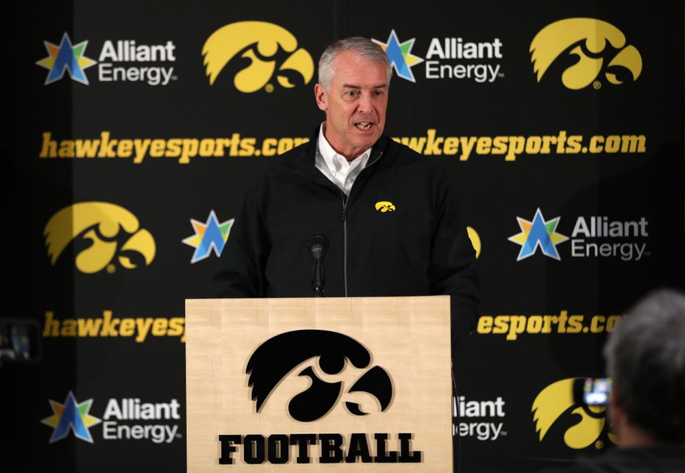 Henry B. and Patricia B. Tippie Director of Athletics Chair Gary Barta addresses the media about the Hawkeyes selection to face Mississippi State in the Outback Bowl Sunday, December 2, 2018 at the Hansen Football Performance Center. (Brian Ray/hawkeyesports.com)