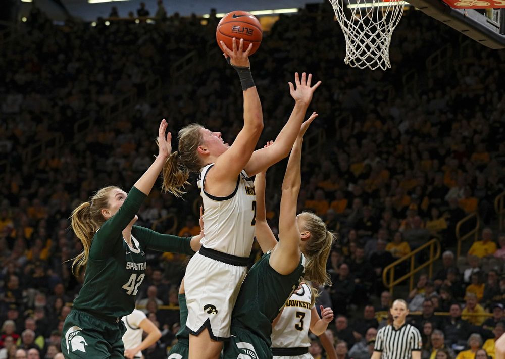Iowa Hawkeyes forward Monika Czinano (25) makes a basket during the third quarter of their game at Carver-Hawkeye Arena in Iowa City on Sunday, January 26, 2020. (Stephen Mally/hawkeyesports.com)