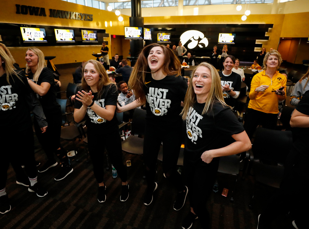 The Iowa Hawkeyes celebrate after finding out their seed in the 2018 NCAA Women's Basketball Tournament