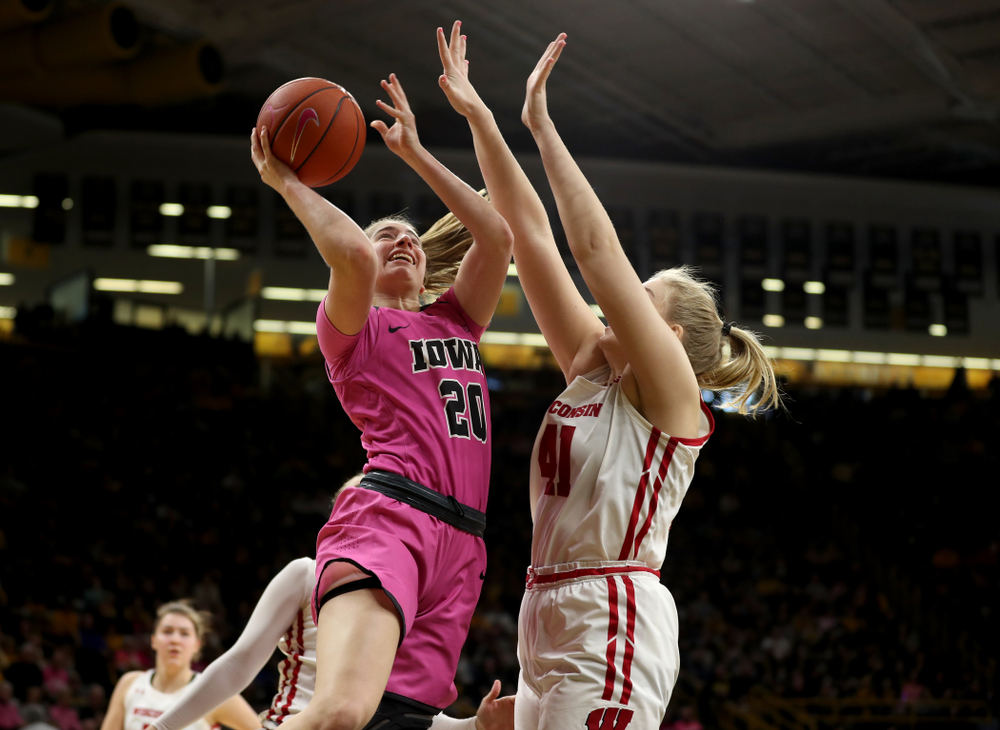 Iowa Hawkeyes guard Kate Martin (20) against the Wisconsin Badgers Sunday, February 16, 2020 at Carver-Hawkeye Arena. (Brian Ray/hawkeyesports.com)