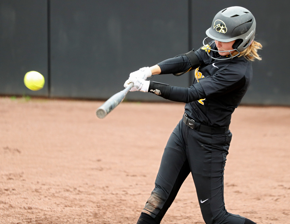 Iowa’s Aralee Bogar (2) drives in two runs with a hit during the fourth inning of their game against Iowa Softball vs Indian Hills Community College at Pearl Field in Iowa City on Sunday, Oct 6, 2019. (Stephen Mally/hawkeyesports.com)