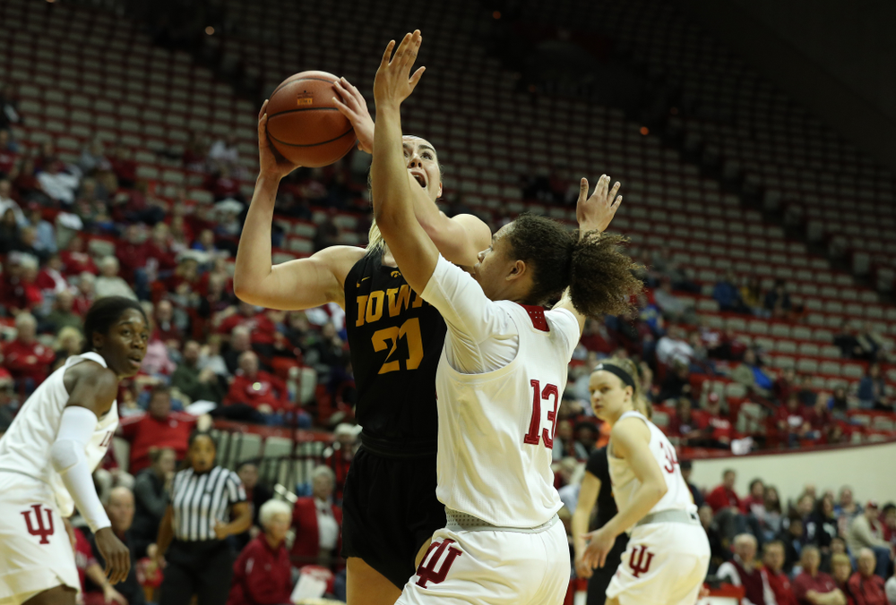 Iowa Hawkeyes forward Hannah Stewart (21) against the Indiana Hoosiers Thursday, February 21, 2019 at Simon Skjodt Assembly Hall. (Brian Ray/hawkeyesports.com)
