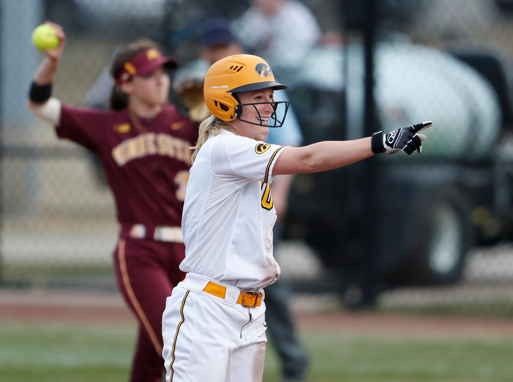 Iowa Hawkeyes infielder Sarah Kurtz (9) against the Minnesota Golden Gophers Thursday, April 12, 2018 at Bob Pearl Field. (Brian Ray/hawkeyesports.com)