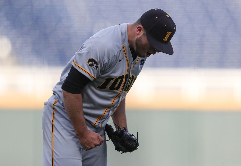Iowa Hawkeyes Cole McDonald (11) reacts after a strikeout to end an inning against the Indiana Hoosiers in the first round of the Big Ten Baseball Tournament Wednesday, May 22, 2019 at TD Ameritrade Park in Omaha, Neb. (Brian Ray/hawkeyesports.com)