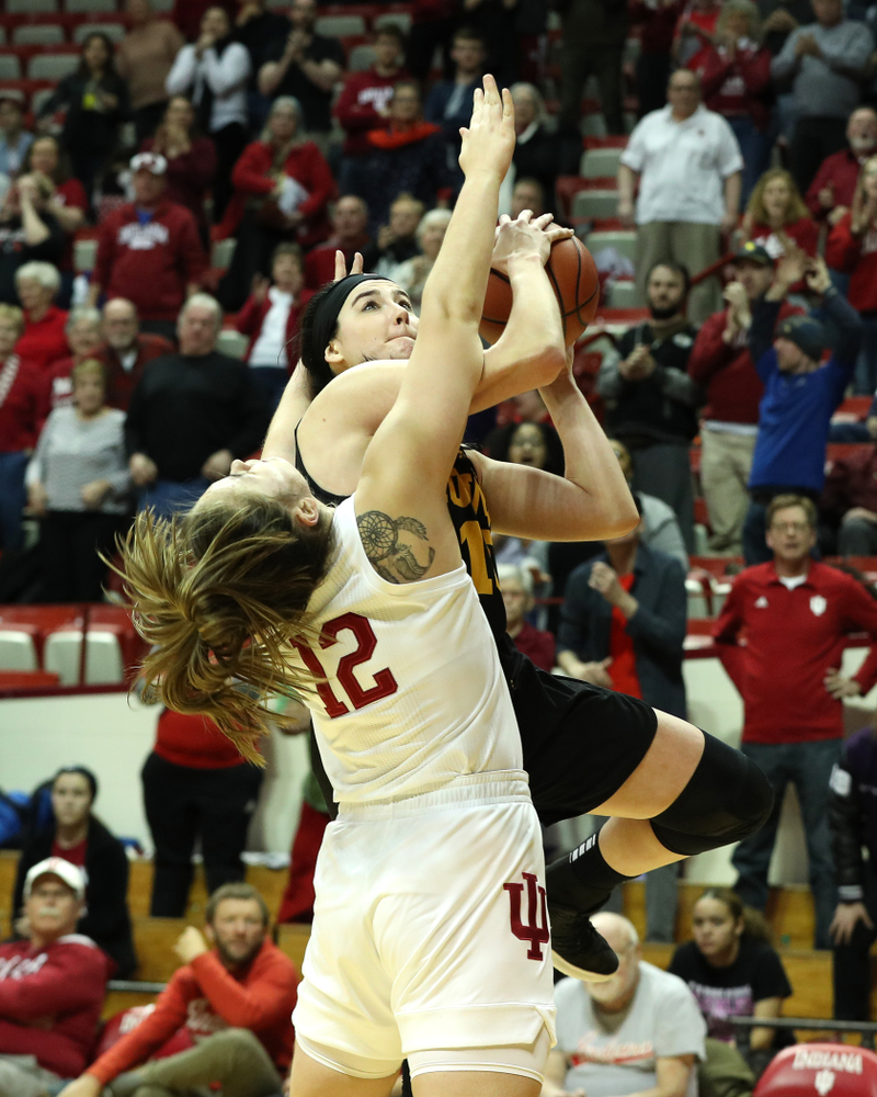 Iowa Hawkeyes forward Megan Gustafson (10) against the Indiana Hoosiers Thursday, February 21, 2019 at Simon Skjodt Assembly Hall. (Brian Ray/hawkeyesports.com)
