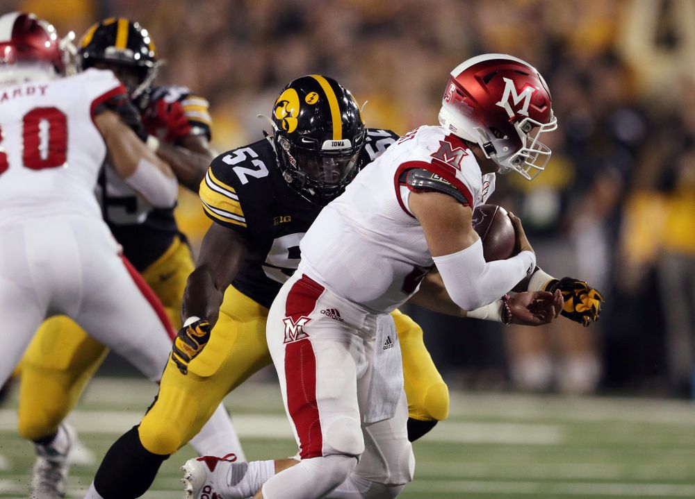 Iowa Hawkeyes linebacker Amani Jones (52) against the Miami RedHawks Saturday, August 31, 2019 at Kinnick Stadium in Iowa City. (Brian Ray/hawkeyesports.com)