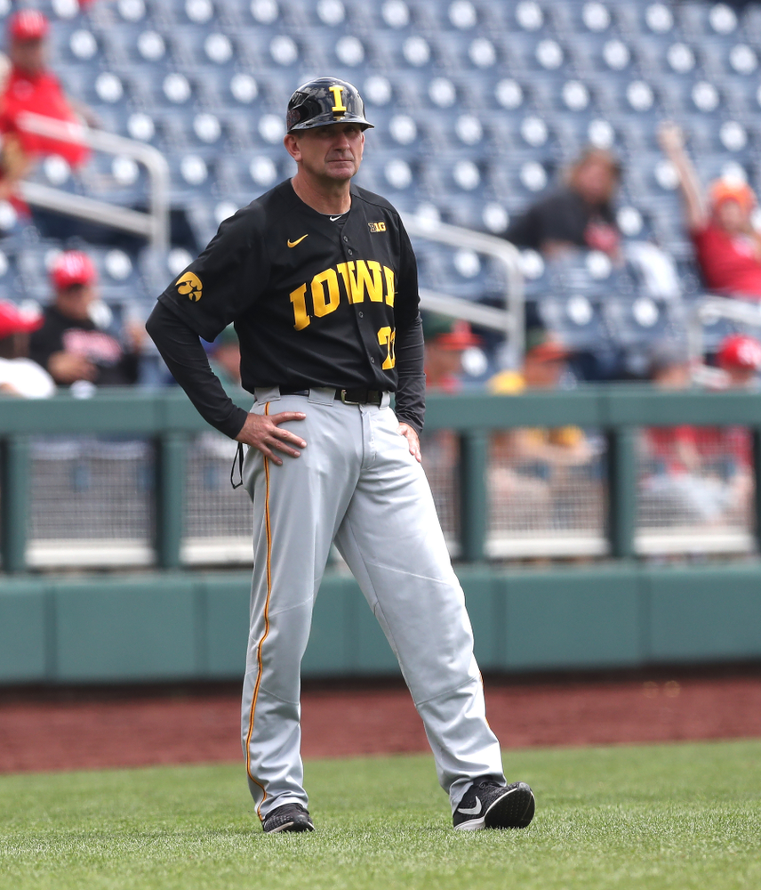 Iowa Hawkeyes head coach Rick Heller against the Nebraska Cornhuskers in the first round of the Big Ten Baseball Tournament Friday, May 24, 2019 at TD Ameritrade Park in Omaha, Neb. (Brian Ray/hawkeyesports.com)