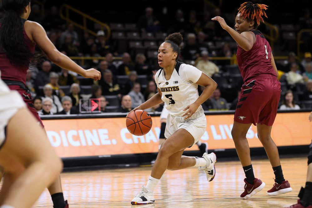 Iowa Hawkeyes guard Alexis Sevillian (5) drives into the lane during a game against North Carolina Central at Carver-Hawkeye Arena on November 17, 2018. (Tork Mason/hawkeyesports.com)