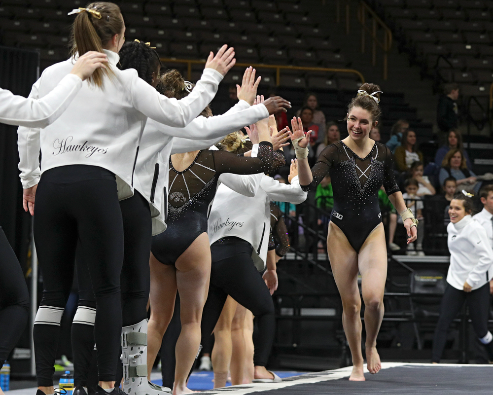 Iowa’s Bridget Killian competes on the floor during their meet at Carver-Hawkeye Arena in Iowa City on Sunday, March 8, 2020. (Stephen Mally/hawkeyesports.com)