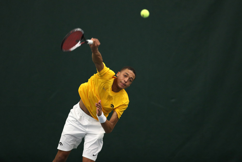 Oliver Okonkwo against Utah Sunday, February 10, 2019 at the Hawkeye Tennis and Recreation Complex. (Brian Ray/hawkeyesports.com)