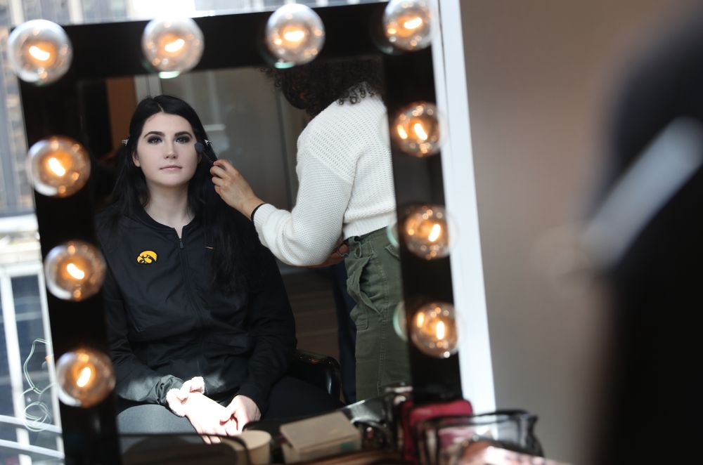 Iowa Hawkeyes forward Megan Gustafson (10) has her makeup professionally done before the 2019 WNBA Draft Wednesday, April 10, 2019 at Nike New York Headquarters in New York City. (Brian Ray/hawkeyesports.com)