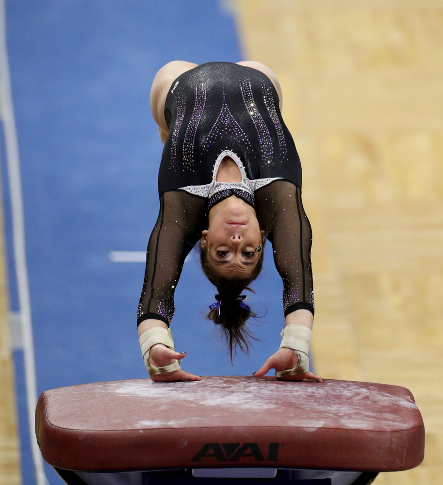 Iowa’s Ariana Agrapides competes on the vault against Michigan State Saturday, February 1, 2020 at Carver-Hawkeye Arena. (Brian Ray/hawkeyesports.com)