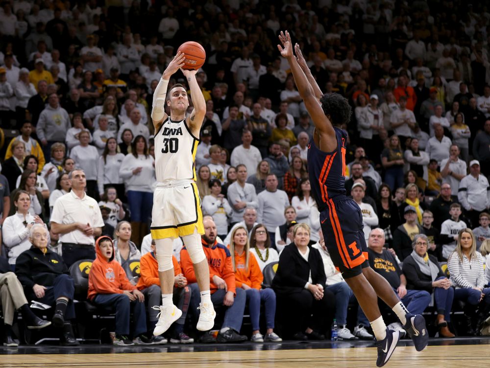 Iowa Hawkeyes guard Connor McCaffery (30) knocks down a three point basket against the Illinois Fighting Illini Sunday, February 2, 2020 at Carver-Hawkeye Arena. (Brian Ray/hawkeyesports.com)