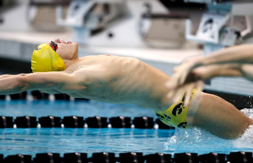 Anze Fers Erzen swims the backstroke leg of the 200 yard medley relay during the Black and Gold Intrasquad Saturday, September 29, 2018 at the Campus Recreation and Wellness Center. (Brian Ray/hawkeyesports.com)