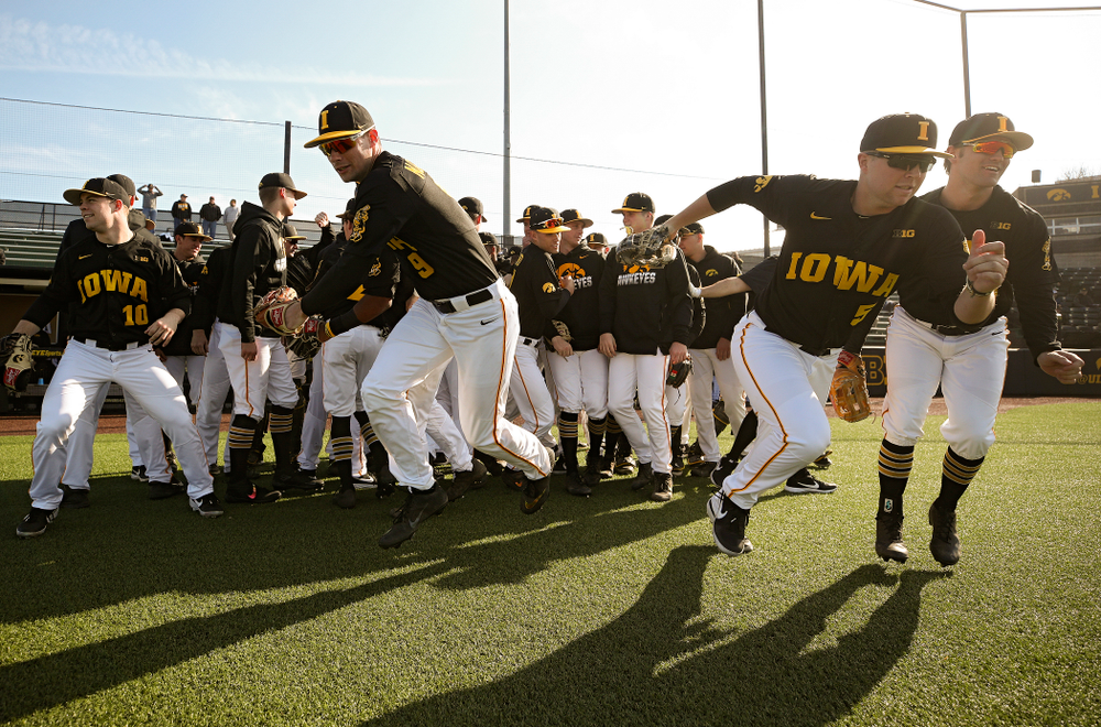 The Hawkeyes take the field before their college baseball game at Duane Banks Field in Iowa City on Tuesday, March 10, 2020. (Stephen Mally/hawkeyesports.com)