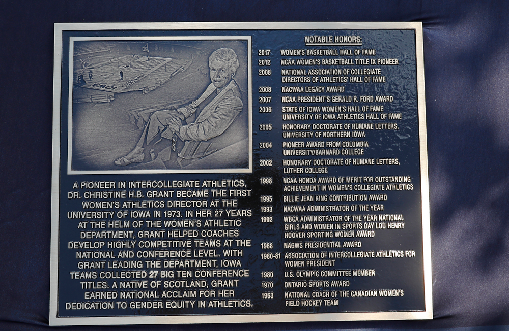 A plaque honoring Dr. Christine Grant unveiledd as part of an alumni reunion Sunday, September 16, 2018 at Grant Field. (Brian Ray/hawkeyesports.com)