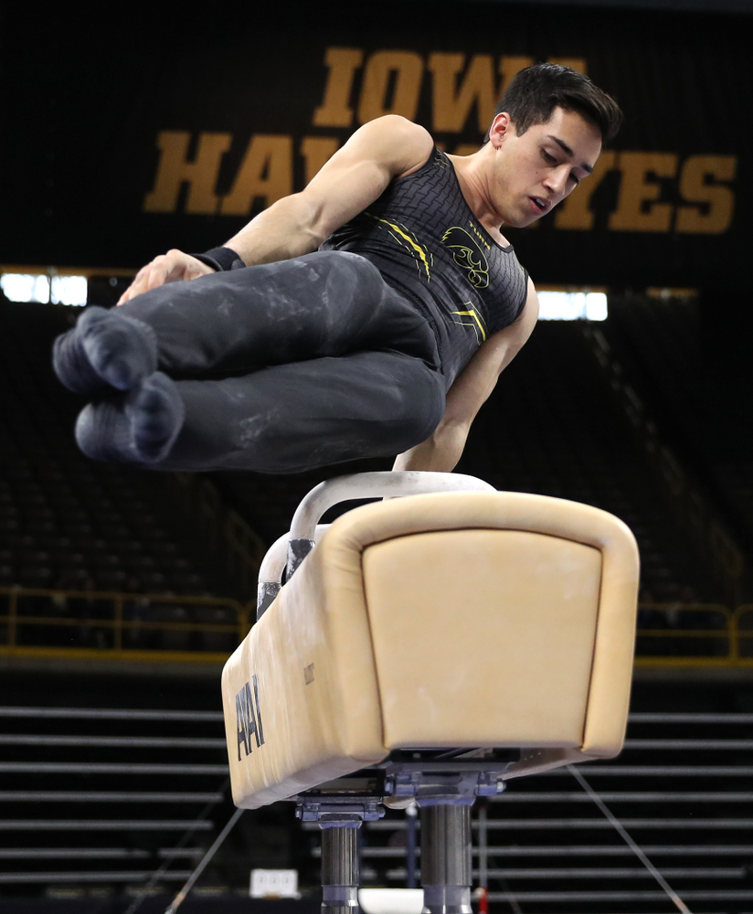Iowa's Andrew Herrador competes on the Pommel Horse against Oklahoma Saturday, February 9, 2019 at Carver-Hawkeye Arena. (Brian Ray/hawkeyesports.com)