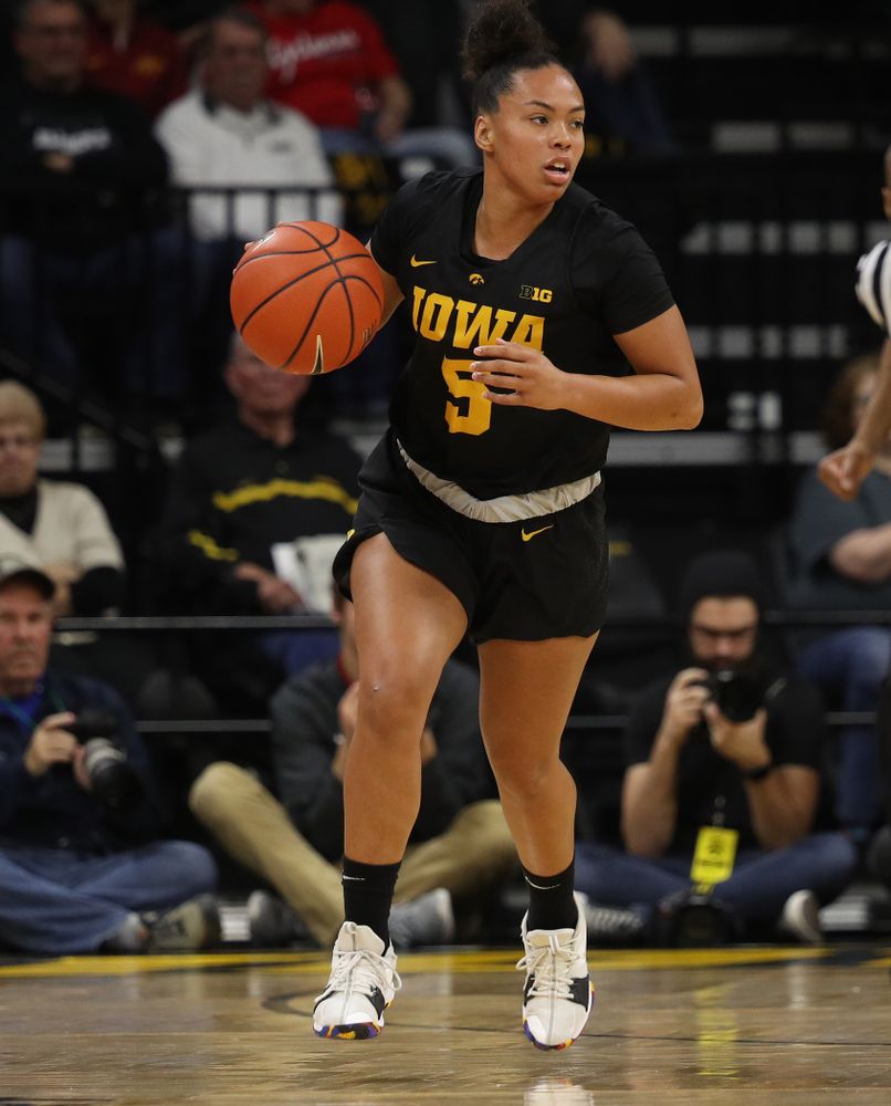 Iowa Hawkeyes guard Alexis Sevillian (5) against the Iowa State Cyclones in the Iowa Corn Cy-Hawk Series Wednesday, December 5, 2018 at Carver-Hawkeye Arena. (Brian Ray/hawkeyesports.com)