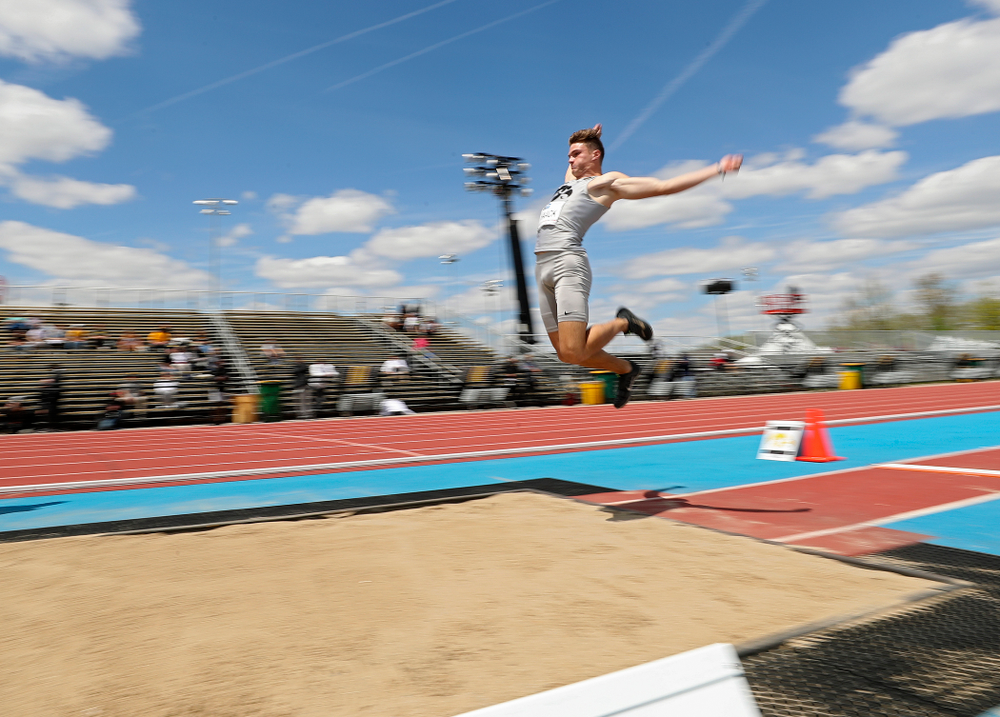 Iowa's Peyton Haack jumps during the men's long jump in the decathlon event on the first day of the Big Ten Outdoor Track and Field Championships at Francis X. Cretzmeyer Track in Iowa City on Friday, May. 10, 2019. (Stephen Mally/hawkeyesports.com)