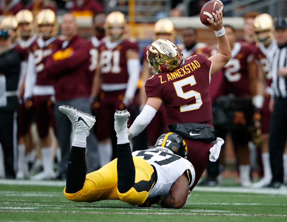 Iowa Hawkeyes defensive end Chauncey Golston (57) against the Minnesota Golden Gophers Saturday, October 6, 2018 at TCF Bank Stadium. (Brian Ray/hawkeyesports.com)