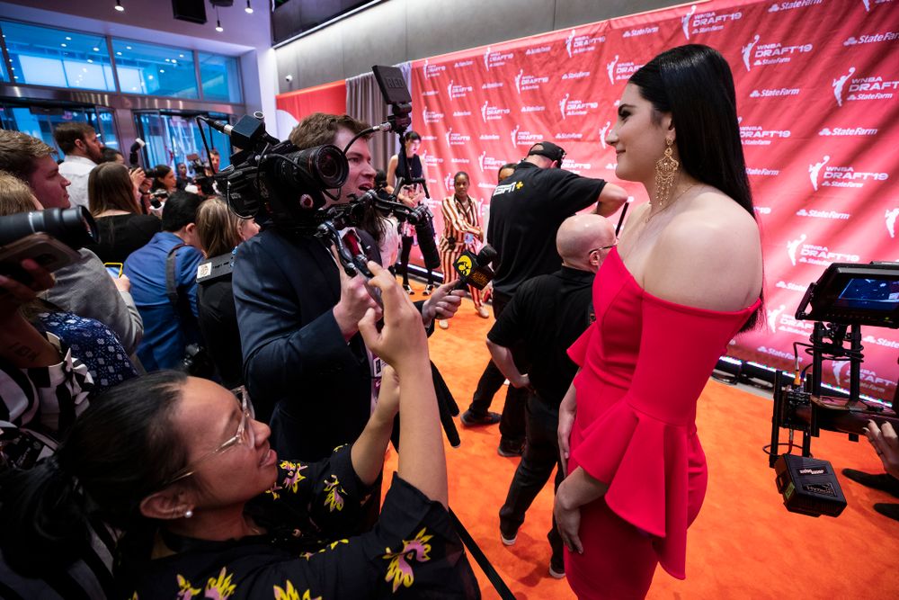 Iowa Hawkeyes forward Megan Gustafson (10) walks the orange carpet before the 2019 WNBA Draft Wednesday, April 10, 2019 at Nike New York Headquarters in New York City. (Brian Ray/hawkeyesports.com)