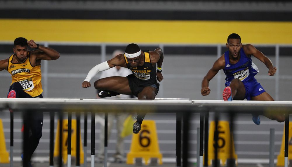 Iowa's Jaylan McConico competes in the 60-meter hurdles during the Black and Gold Premier meet Saturday, January 26, 2019 at the Recreation Building. (Brian Ray/hawkeyesports.com)