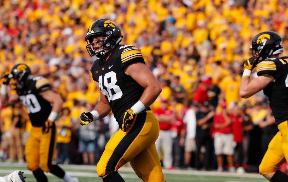 Iowa Hawkeyes linebacker Jack Hockaday (48) against the Northern Illinois Huskies Saturday, September 1, 2018 at Kinnick Stadium. (Brian Ray/hawkeyesports.com)