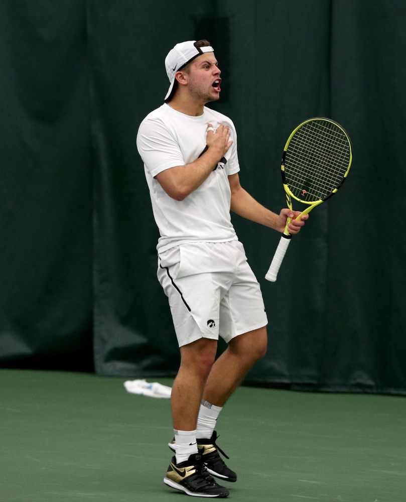 Iowa’s Will Davies against Cornell Sunday, March 8, 2020 at the Hawkeye Tennis and Recreation Center. (Brian Ray/hawkeyesports.com)