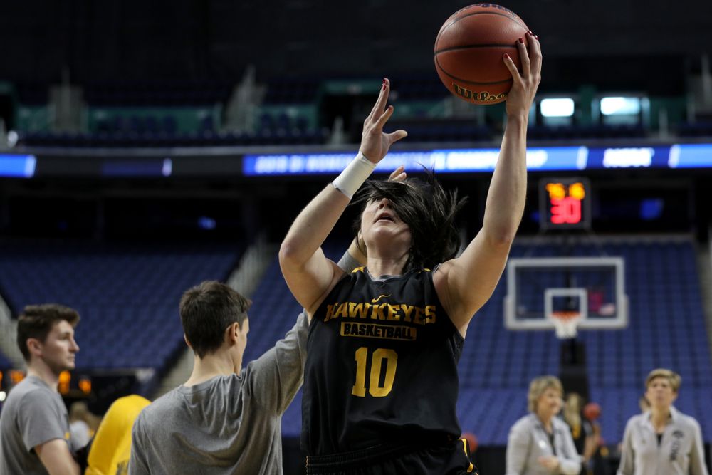 Iowa Hawkeyes forward Megan Gustafson (10) during media and practice as they prepare for their Sweet 16 matchup against NC State Friday, March 29, 2019 at the Greensboro Coliseum in Greensboro, NC.(Brian Ray/hawkeyesports.com)