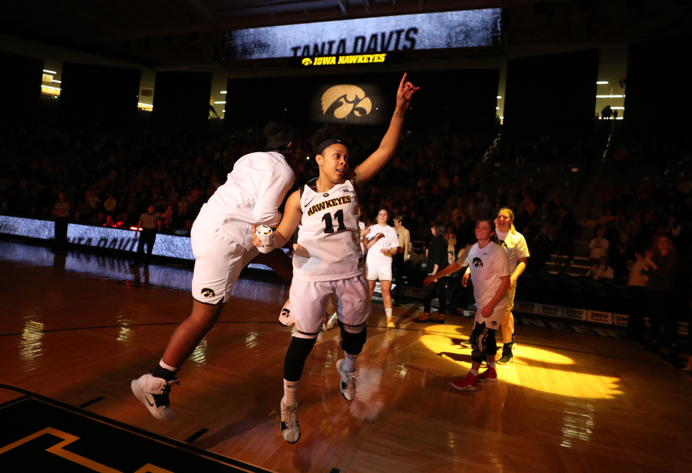Iowa Hawkeyes guard Tania Davis (11) and guard Zion Sanders (24) against the Illinois Fighting Illini Thursday, February 14, 2019 at Carver-Hawkeye Arena. (Brian Ray/hawkeyesports.com)