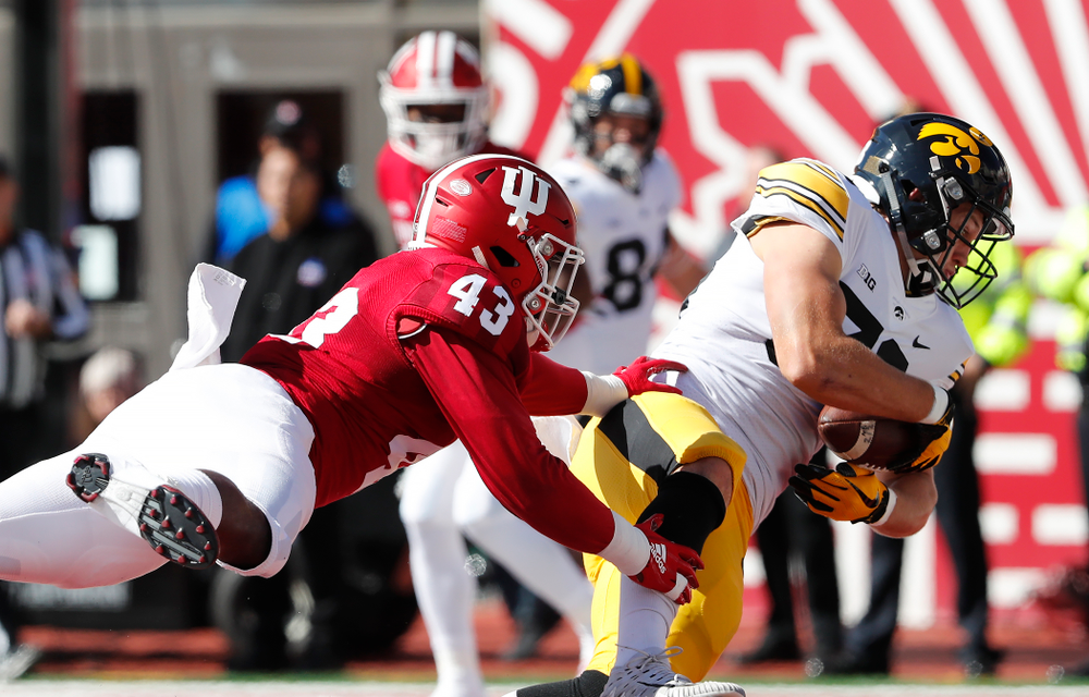 Iowa Hawkeyes tight end T.J. Hockenson (38) catches a touchdown against the Indiana Hoosiers Saturday, October 13, 2018 at Memorial Stadium, in Bloomington, Ind. (Brian Ray/hawkeyesports.com)