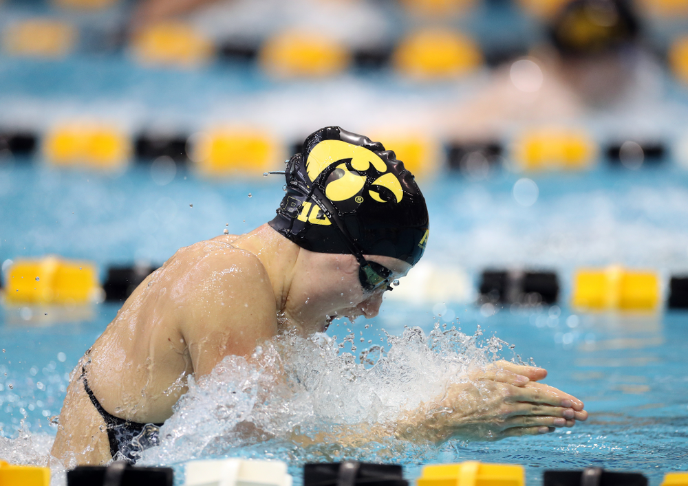 IowaÕs Aleksandra Olesiak swims the 100 yard breaststroke against the Michigan Wolverines Friday, November 1, 2019 at the Campus Recreation and Wellness Center. (Brian Ray/hawkeyesports.com)