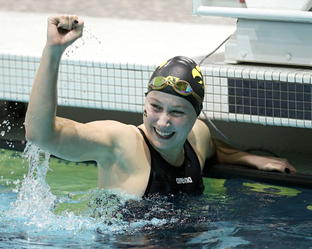 Iowa’s Aleksandra Olesiak reacts after setting a career-best time in the women’s 200 yard breaststroke C final event during the 2020 Women’s Big Ten Swimming and Diving Championships at the Campus Recreation and Wellness Center in Iowa City on Saturday, February 22, 2020. (Stephen Mally/hawkeyesports.com)