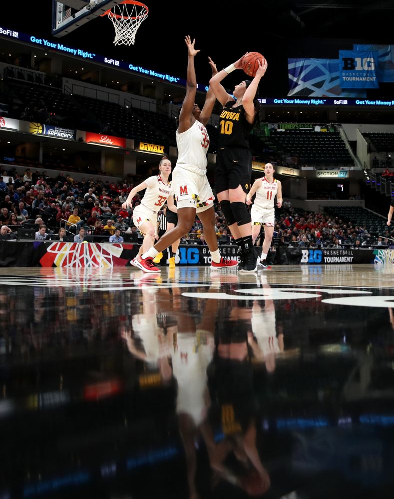 Iowa Hawkeyes forward Megan Gustafson (10) against the Maryland Terrapins in the Big Ten Championship Game Sunday, March 10, 2019 in Indianapolis, Ind. (Brian Ray/hawkeyesports.com)