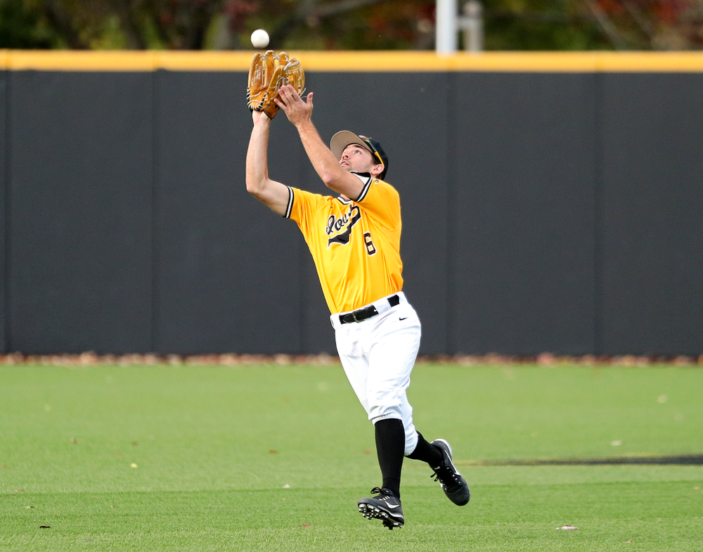 Iowa outfielder Justin Jenkins (6) pulls in a fly ball for an out during the fifth inning of the first game of the Black and Gold Fall World Series at Duane Banks Field in Iowa City on Tuesday, Oct 15, 2019. (Stephen Mally/hawkeyesports.com)