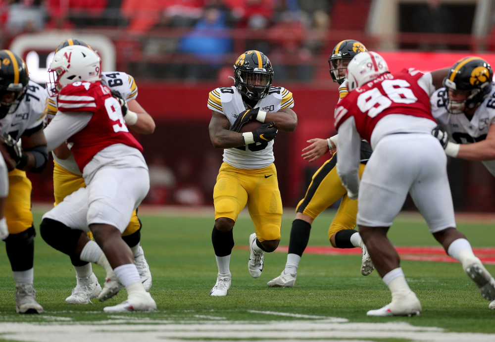 Iowa Hawkeyes running back Mekhi Sargent (10) against the Nebraska Cornhuskers Friday, November 29, 2019 at Memorial Stadium in Lincoln, Neb. (Brian Ray/hawkeyesports.com)