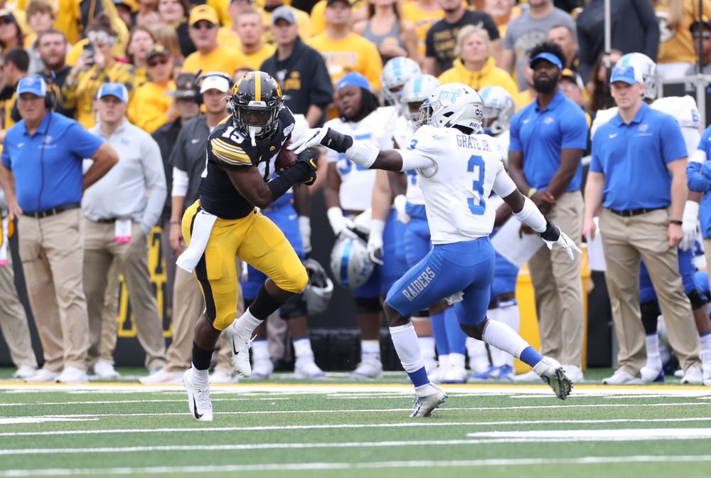 Iowa Hawkeyes running back Tyler Goodson (15) against Middle Tennessee State Saturday, September 28, 2019 at Kinnick Stadium. (Max Allen/hawkeyesports.com)