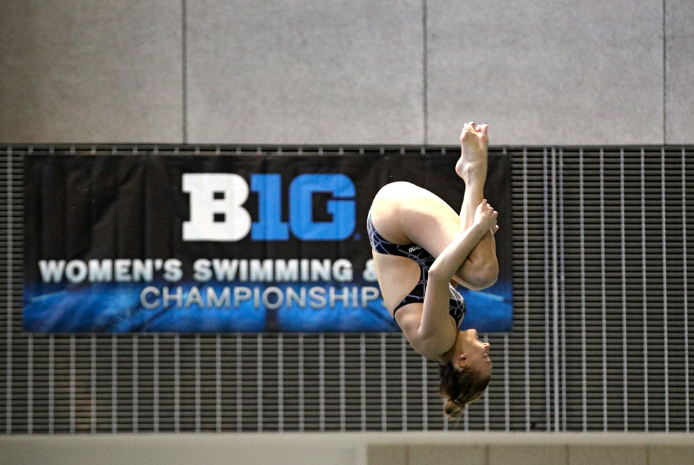 Iowa’s Samantha Tamborski competes in the women’s 3 meter diving preliminary event during the 2020 Women’s Big Ten Swimming and Diving Championships at the Campus Recreation and Wellness Center in Iowa City on Friday, February 21, 2020. (Stephen Mally/hawkeyesports.com)