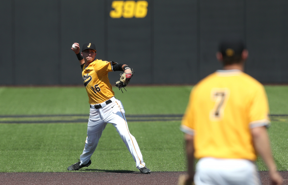 Iowa Hawkeyes Tanner Wetrich (16) against the Nebraska Cornhuskers Sunday, April 21, 2019 at Duane Banks Field. (Brian Ray/hawkeyesports.com)