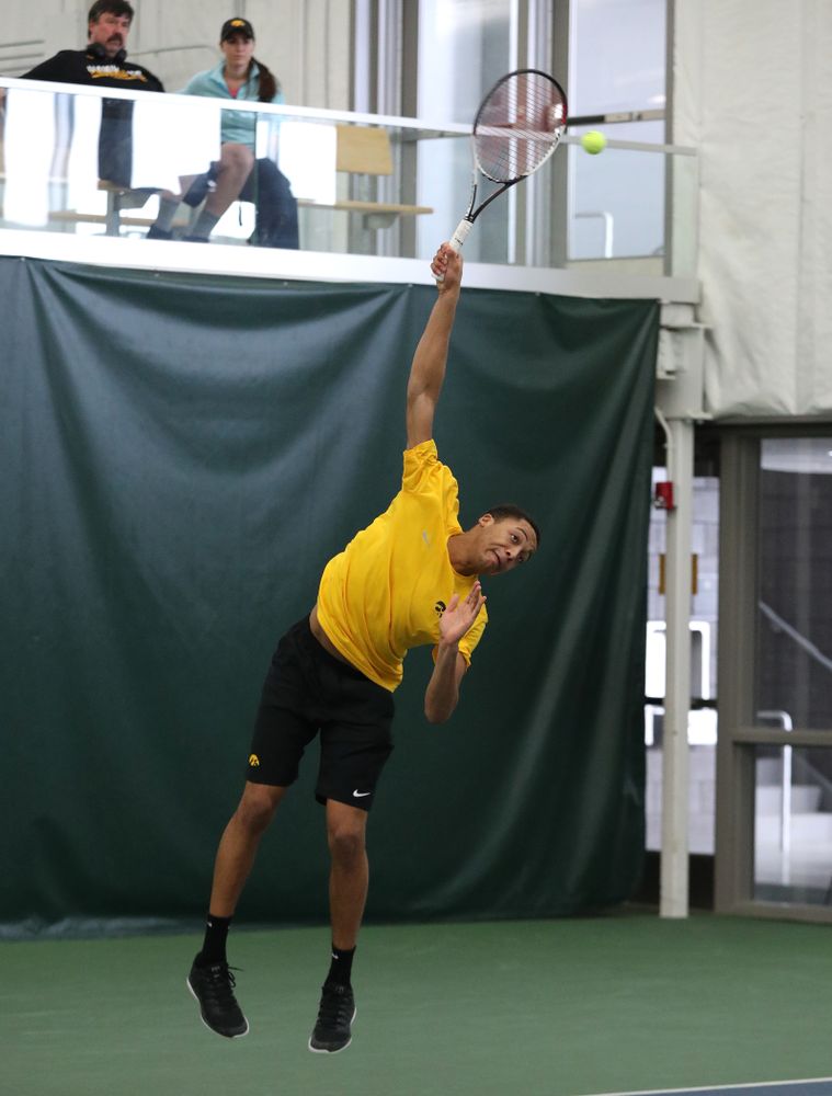 Oliver Okonkwo against the Butler Bulldogs Sunday, January 27, 2019 at the Hawkeye Tennis and Recreation Complex. (Brian Ray/hawkeyesports.com)