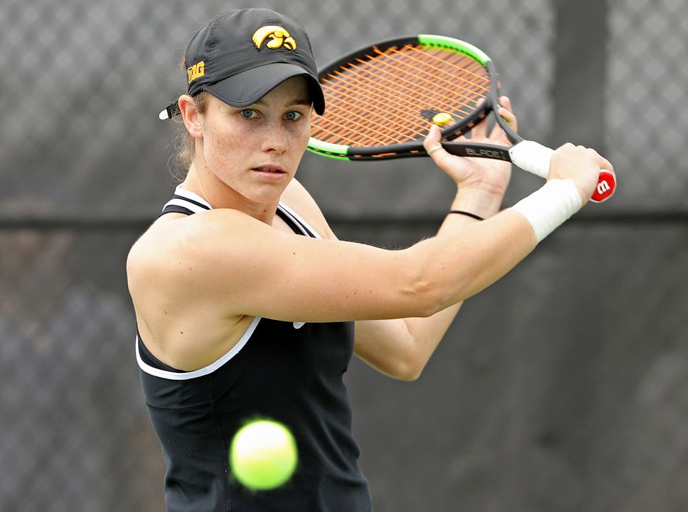 Iowa's Elise van Heuvelen Treadwell eyes the ball during a match against Rutgers at the Hawkeye Tennis and Recreation Complex in Iowa City on Friday, Apr. 5, 2019. (Stephen Mally/hawkeyesports.com)