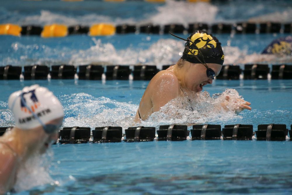 Iowa’s Lexi Horner swims the 100-yard breaststroke during the Iowa swimming and diving meet vs Notre Dame and Illinois on Saturday, January 11, 2020 at the Campus Recreation and Wellness Center. (Lily Smith/hawkeyesports.com)