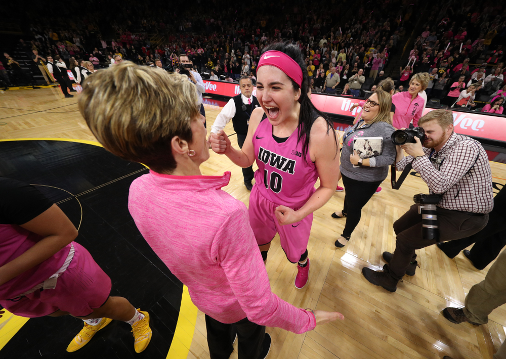 Iowa Hawkeyes forward Megan Gustafson (10) and associate head coach Jan Jensen against the seventh ranked Maryland Terrapins Sunday, February 17, 2019 at Carver-Hawkeye Arena. (Brian Ray/hawkeyesports.com)