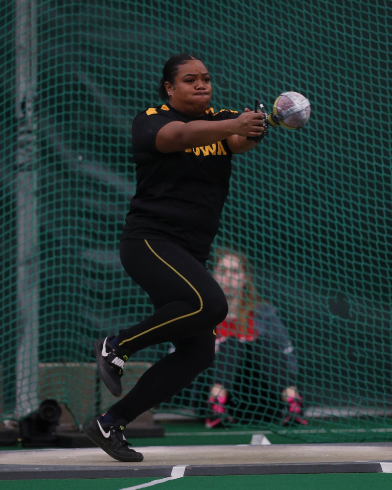 Iowa's Laulauga Tausaga competes in the weight throw Friday, January 11, 2019 at the Hawkeye Tennis and Recreation Center. (Brian Ray/hawkeyesports.com)