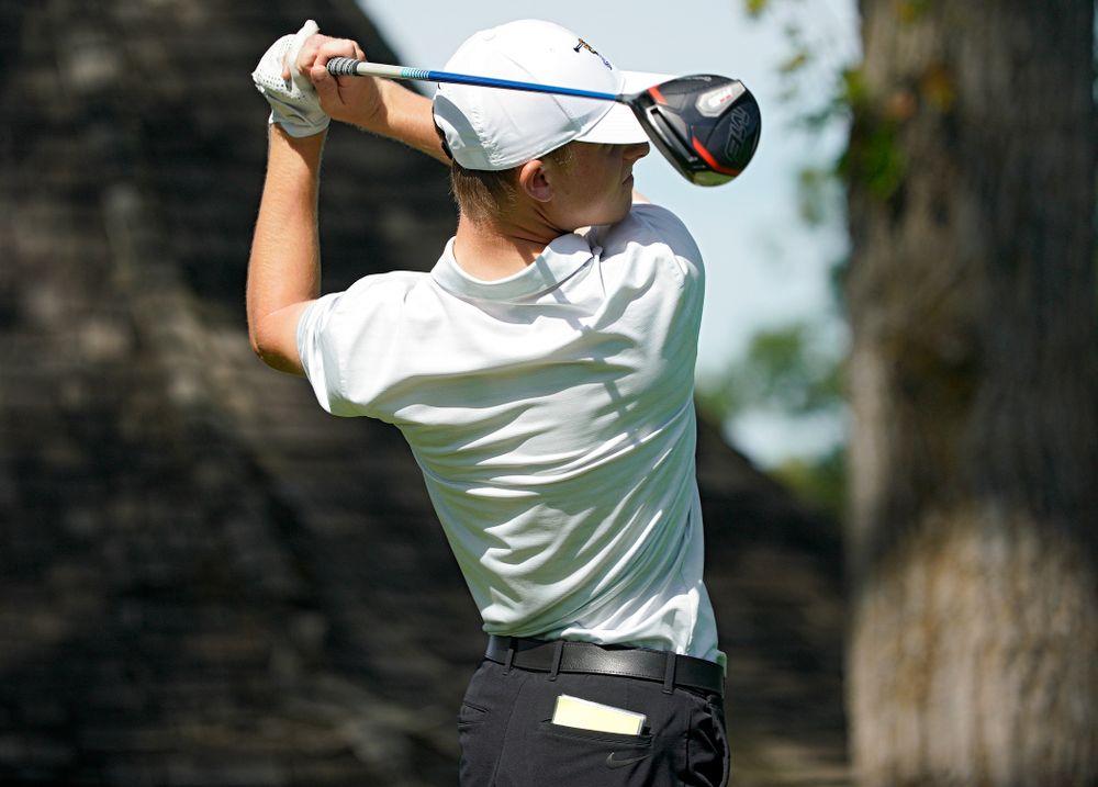 Iowa’s Benton Weinberg tees off during the second day of the Golfweek Conference Challenge at the Cedar Rapids Country Club in Cedar Rapids on Monday, Sep 16, 2019. (Stephen Mally/hawkeyesports.com)