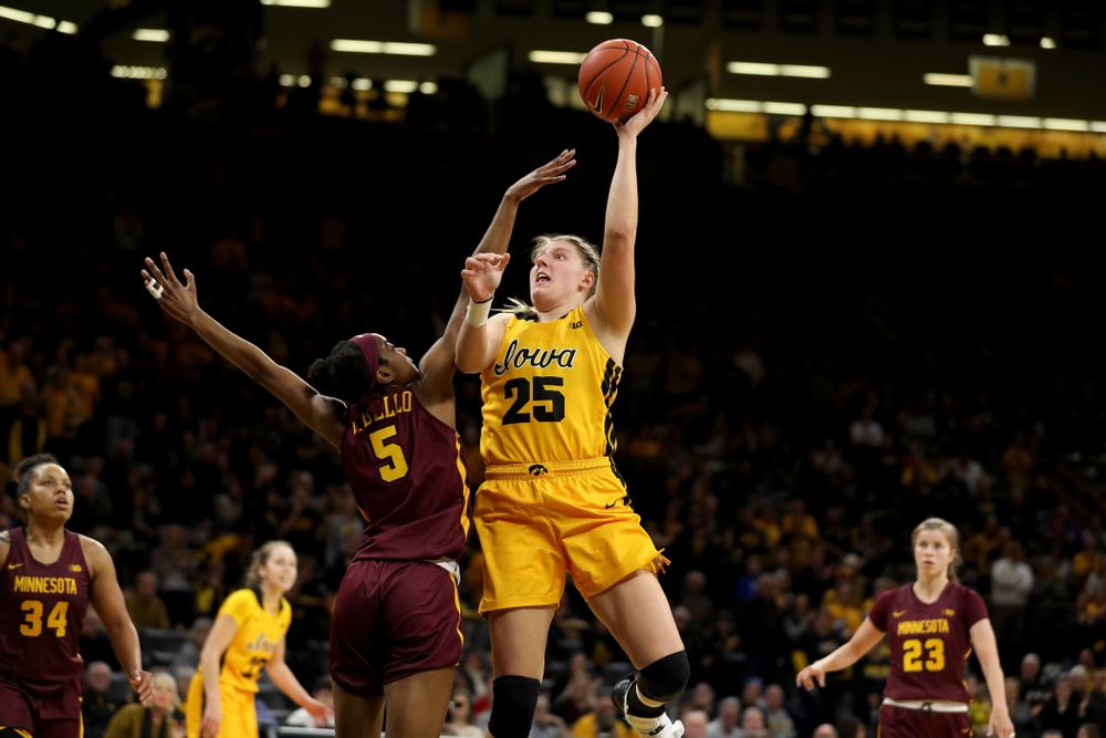 Iowa Hawkeyes forward/center Monika Czinano (25) against the Minnesota Golden Gophers Thursday, February 27, 2020 at Carver-Hawkeye Arena. (Brian Ray/hawkeyesports.com)