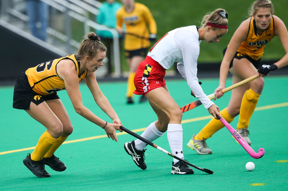 Iowa Hawkeyes forward Madeleine Murphy (26) defends during a game against Maryland at Grant Field on October 14, 2018. (Tork Mason/hawkeyesports.com)